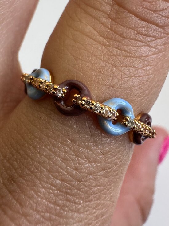 Jewelry - 925 Sterling Silver Gold Plated Enamel Ring w/ Zirconia Open Adjustable Dainty